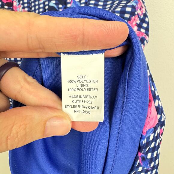 Chris McLaughlin | Blue White Checker Pink Floral Ruffle V-Neck Cap Sleeve Dress - Picture 11 of 12